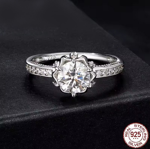 18K 925 Sterling Silver 1CT Round Cut Moissanite Flower Ring (Size 6-8)