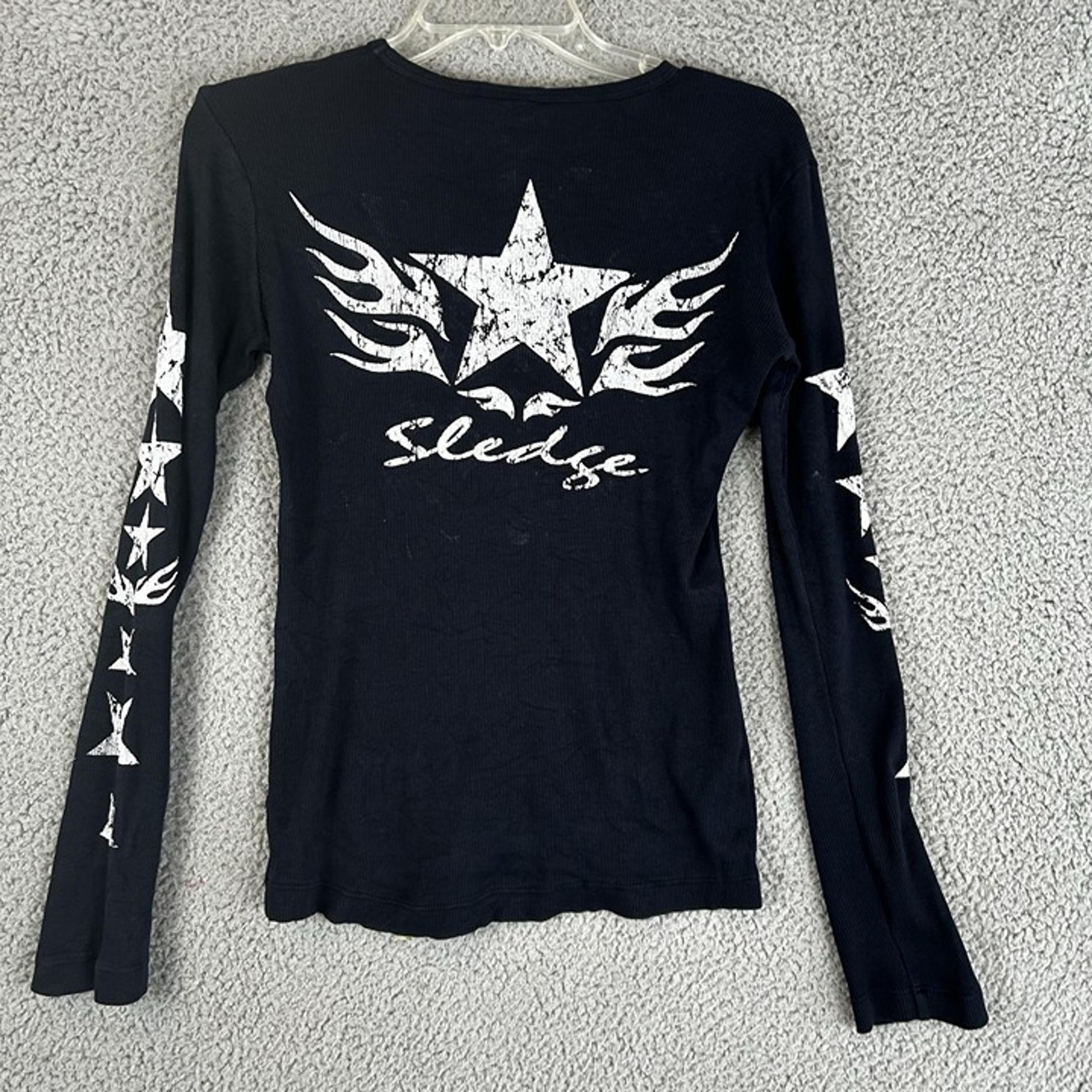 Sledge USA T Shirt Womens Medium Black Ribbed Long Sleeve Grunge Y2K Top Punk