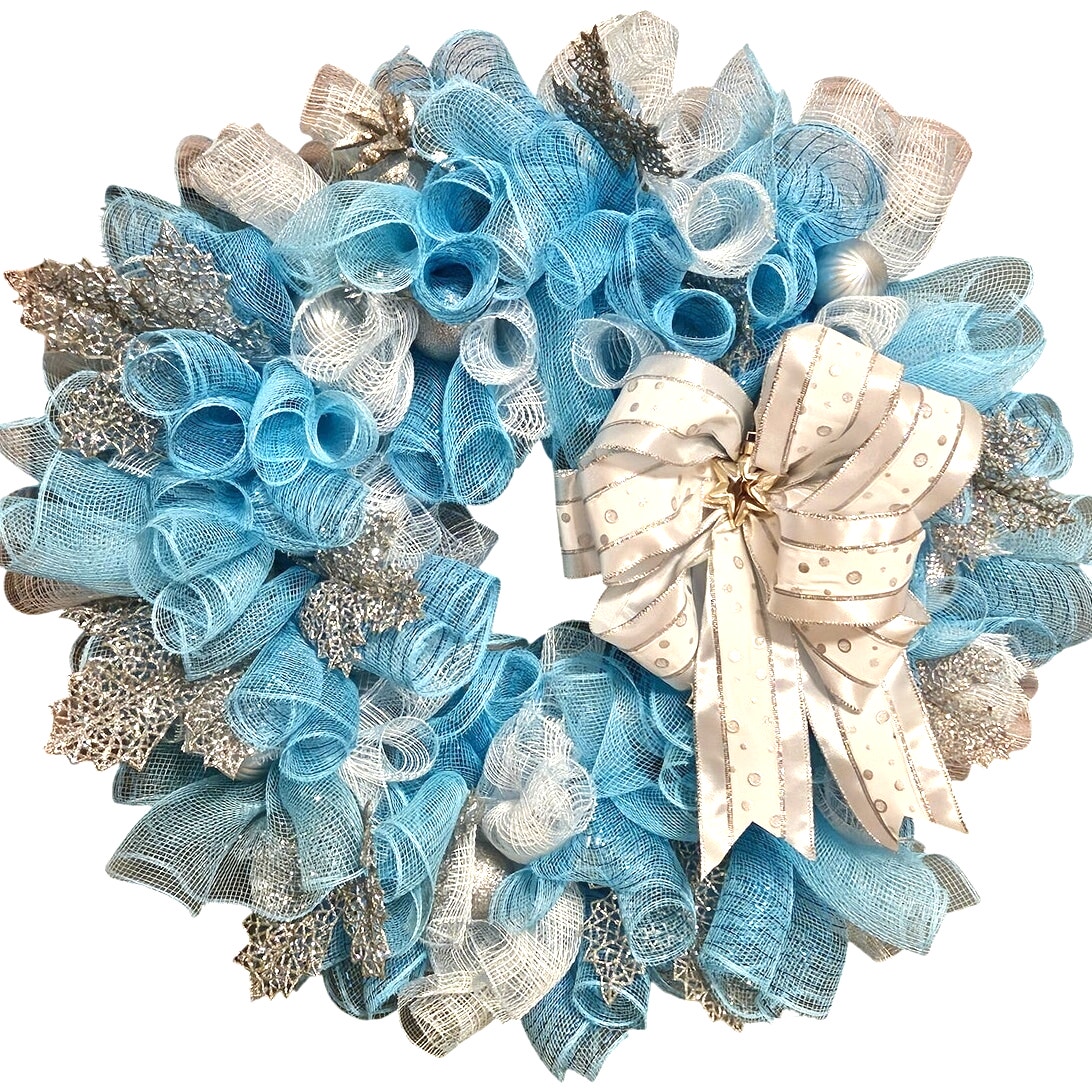 26" Blue Silver White Holiday Hanukkah Wreath Sparkly Jewish Handmade New