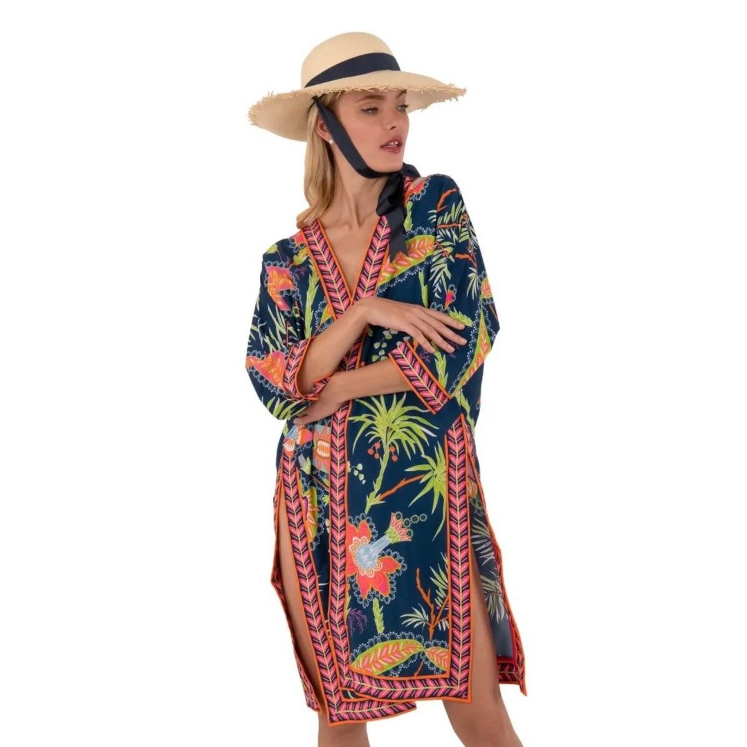 GRETCHEN SCOTT Blue Pink Floral Kimono Jacket Resort Wear Swim Cover Up XL / XXL