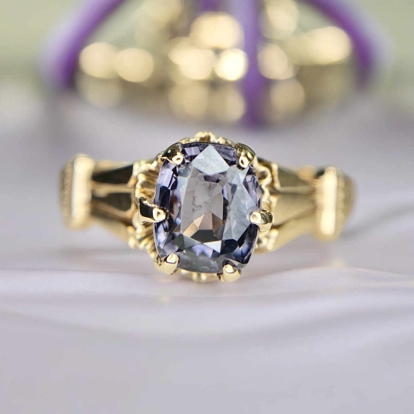 Victorian Era 14k Yellow Gold Cushion Shape Burma Spinel Solitaire Ring