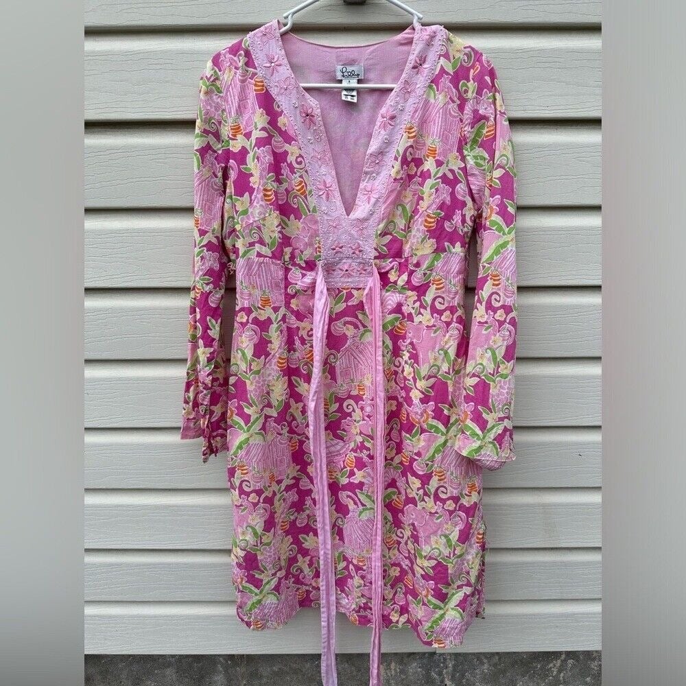Lily Pulitzer Pink Floral Animals Long Sleeve Low V Neck Sequin Embroidered Sz-S