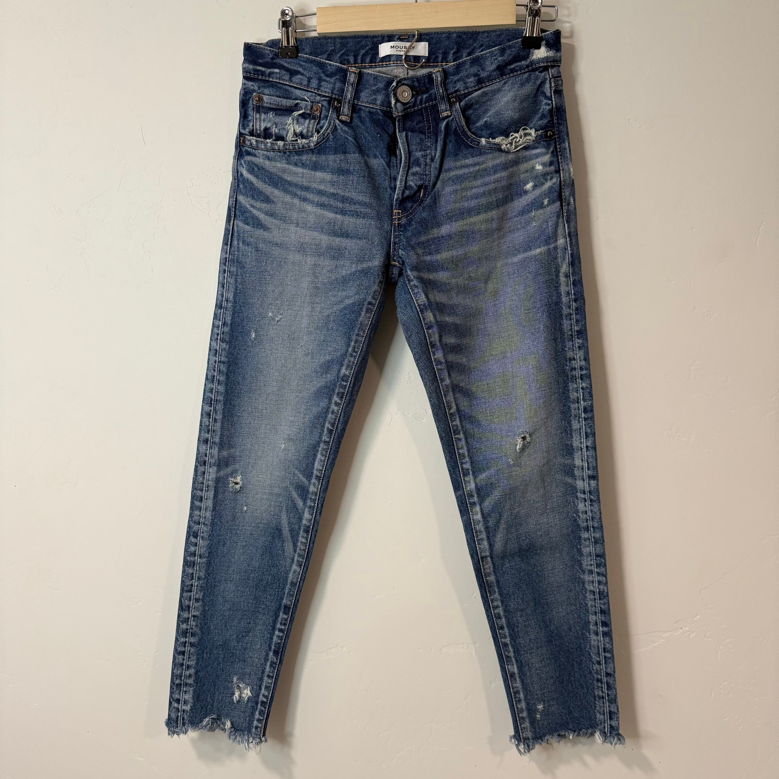 Moussy Vintage Keller Tapered Slim Jeans Distressed Blue Cotton Button Fly 25