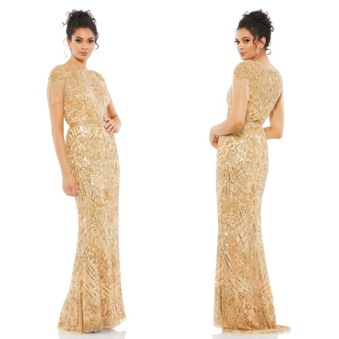 NEW NWT Mac Duggal Embellished Fringe Cap Sleeve Trumpet Gown Gold SZ 10