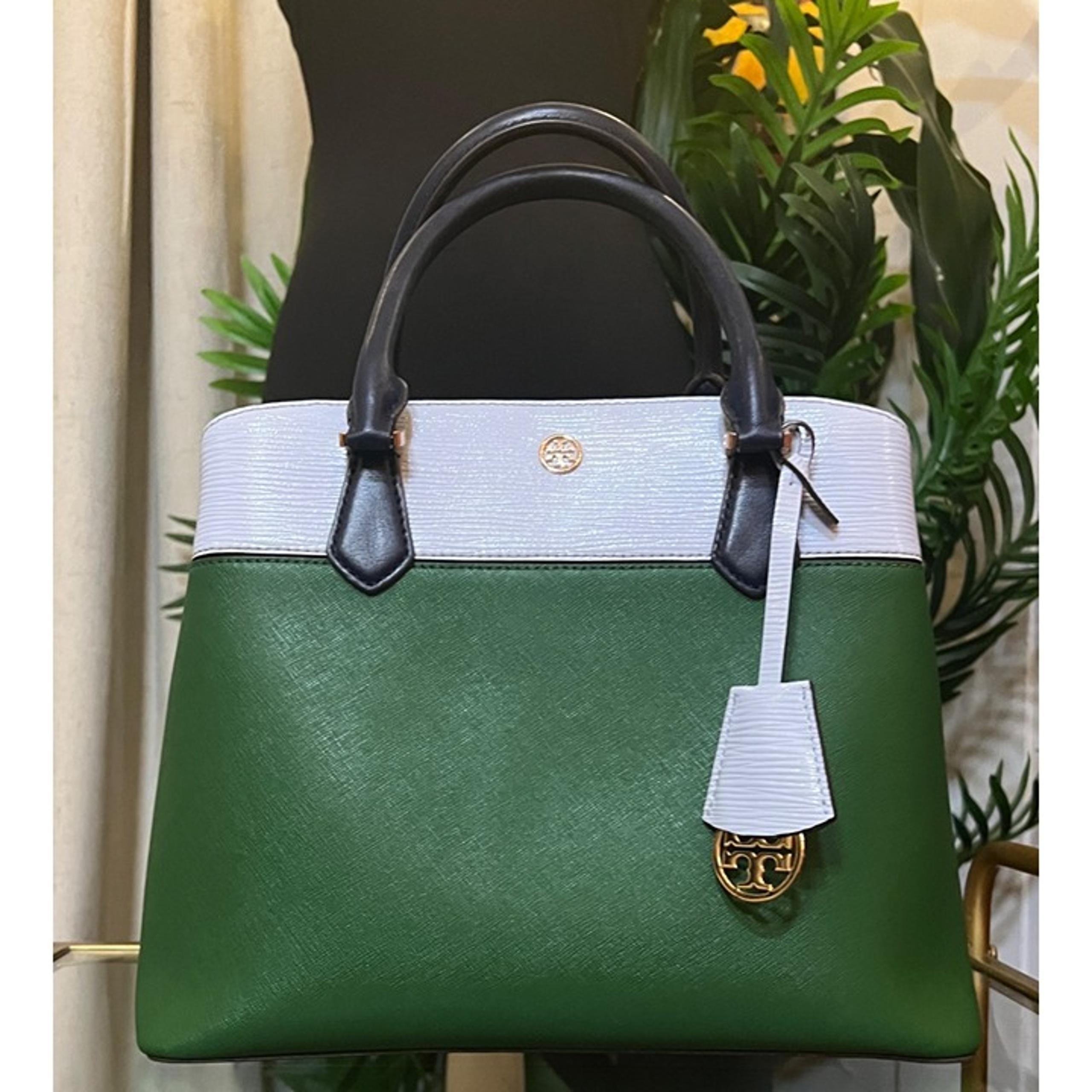 Tory Burch Womens Green & White Leather Robinson Tote - Pre-Owned