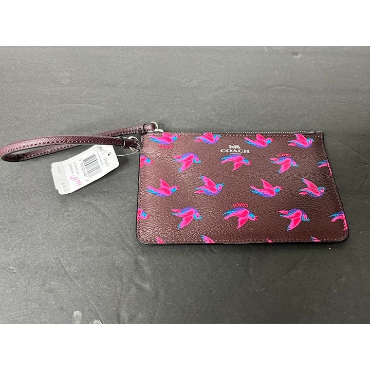 NWT Coach Burgundy Oxblood Happy Bird Print Wristlet 7 x4