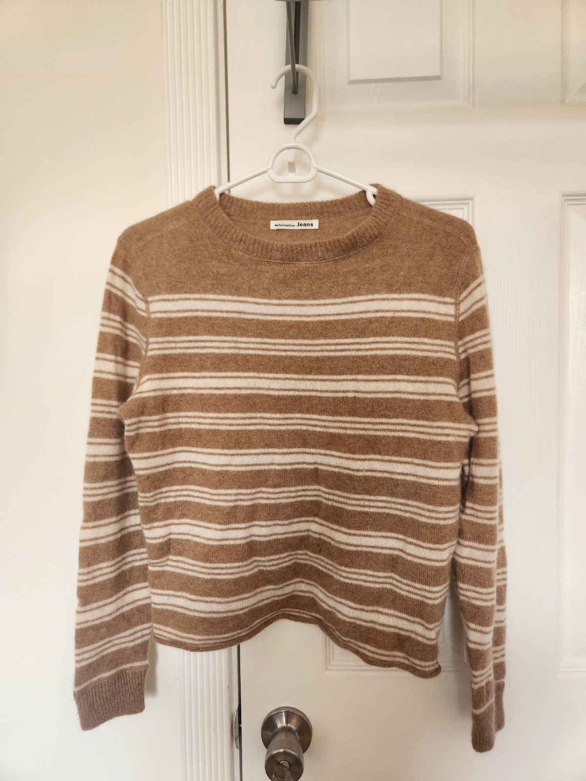 Reformation Cashmere Sweater in size XS tan and cream stripes
