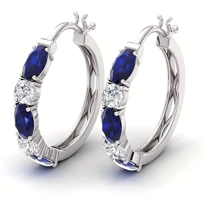 14K White Gold Womens 1ct Diamond 2ct Blue Sapphire Gemstone Small Hoop Earrings