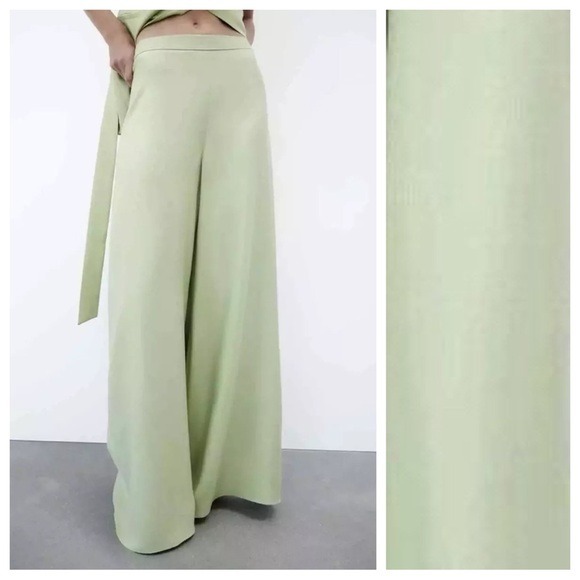 NWT. Zara Pastel Green Viscose Blend High-Waisted Wide Leg Trousers. Size XS.
