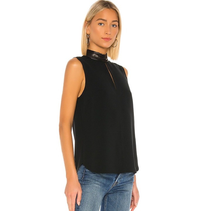 NWT A.L.C. Dallas Vegan Leather Trim Keyhole Collared Top in Black Size 4