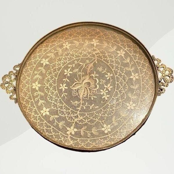 ANTIQUE VINTAGE DECO BRASS EMPIRE ART GLASS ENCLOSED LACE BRASS VANITY TRAY