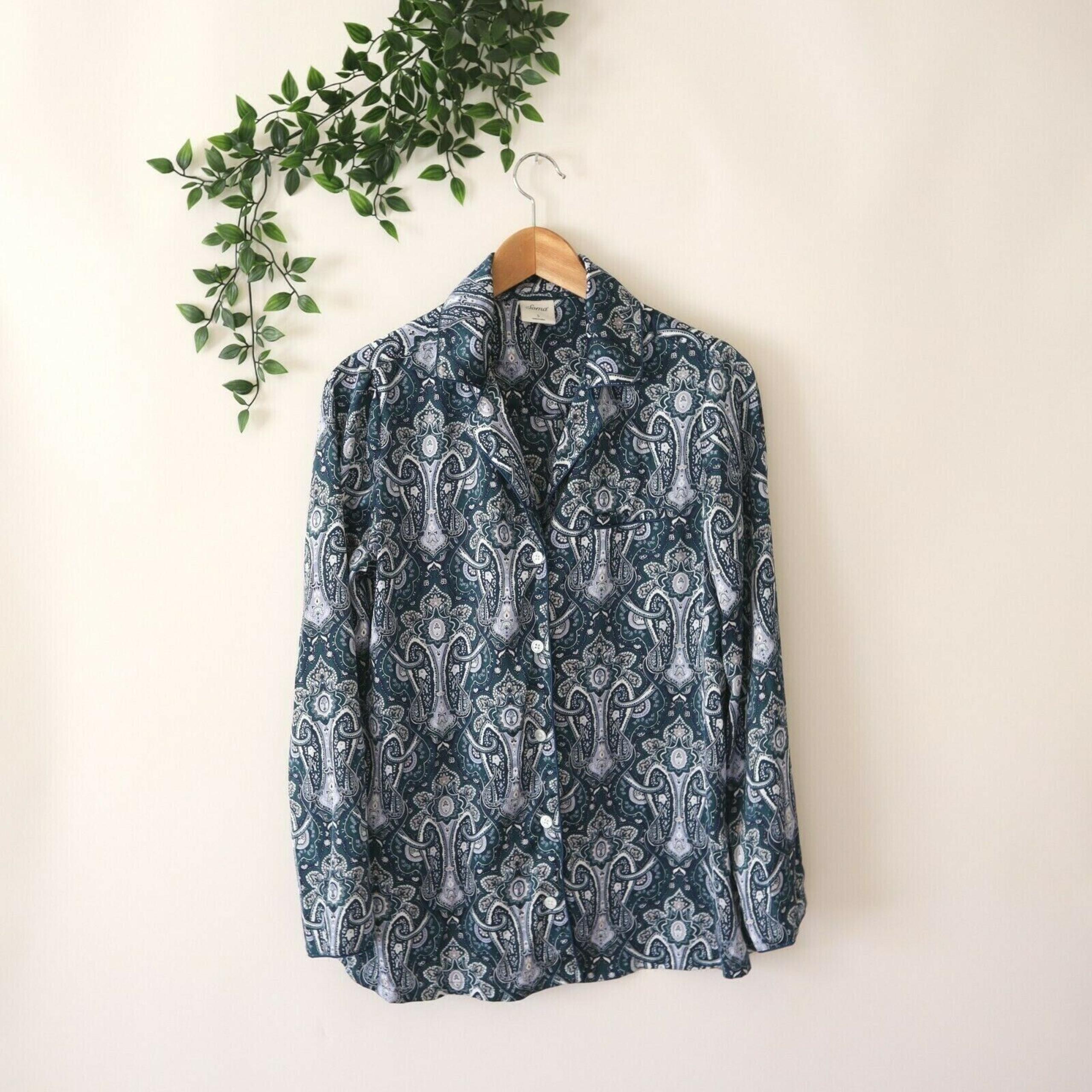 Soma Women's Long Sleeve Paisley Print Collared Sleep Shirt S Small Blue Green