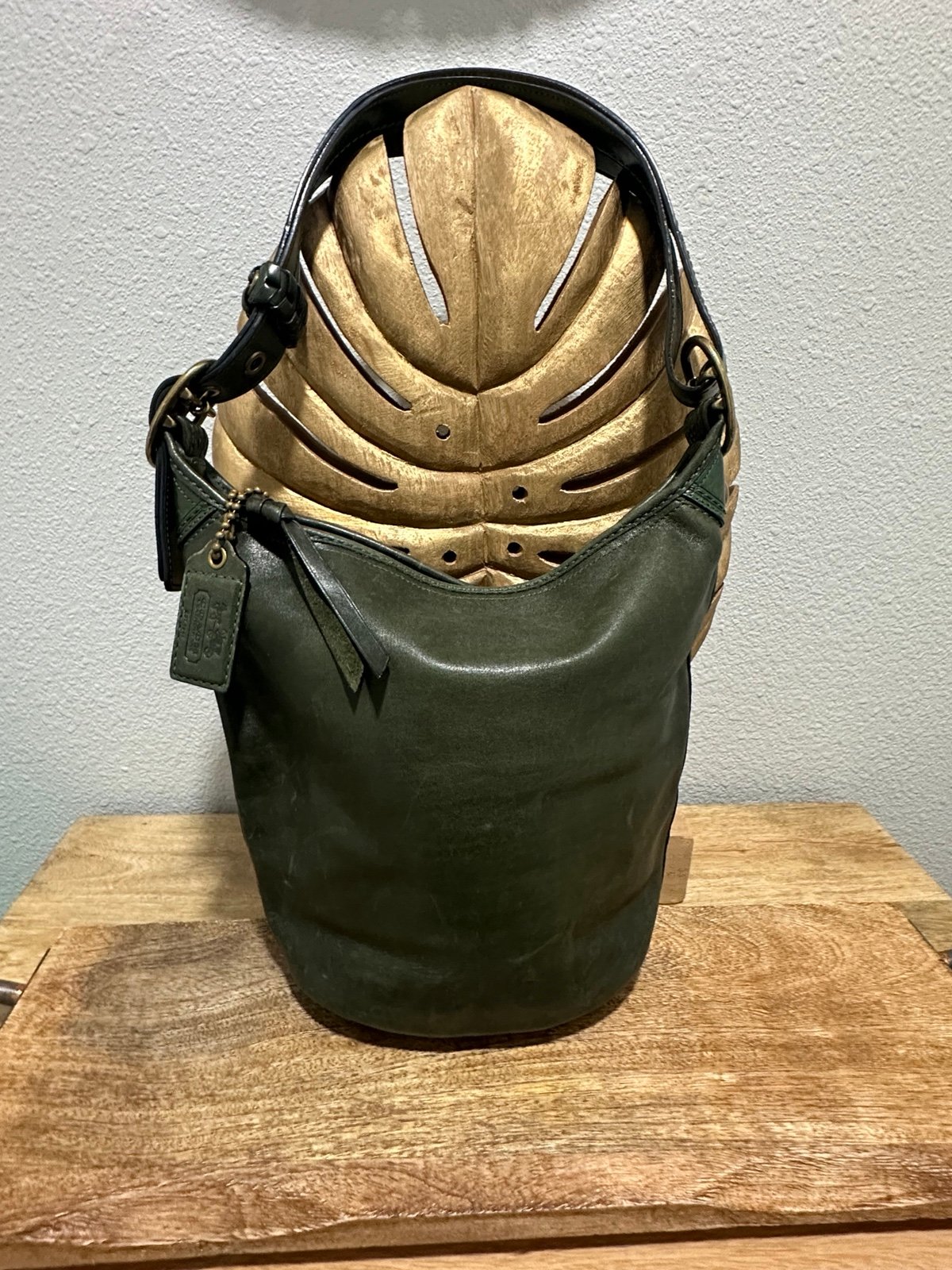 COACH Vintage look BLEEKER TATTERSALL BURNISHED Leather Bucket Bag Green #11422