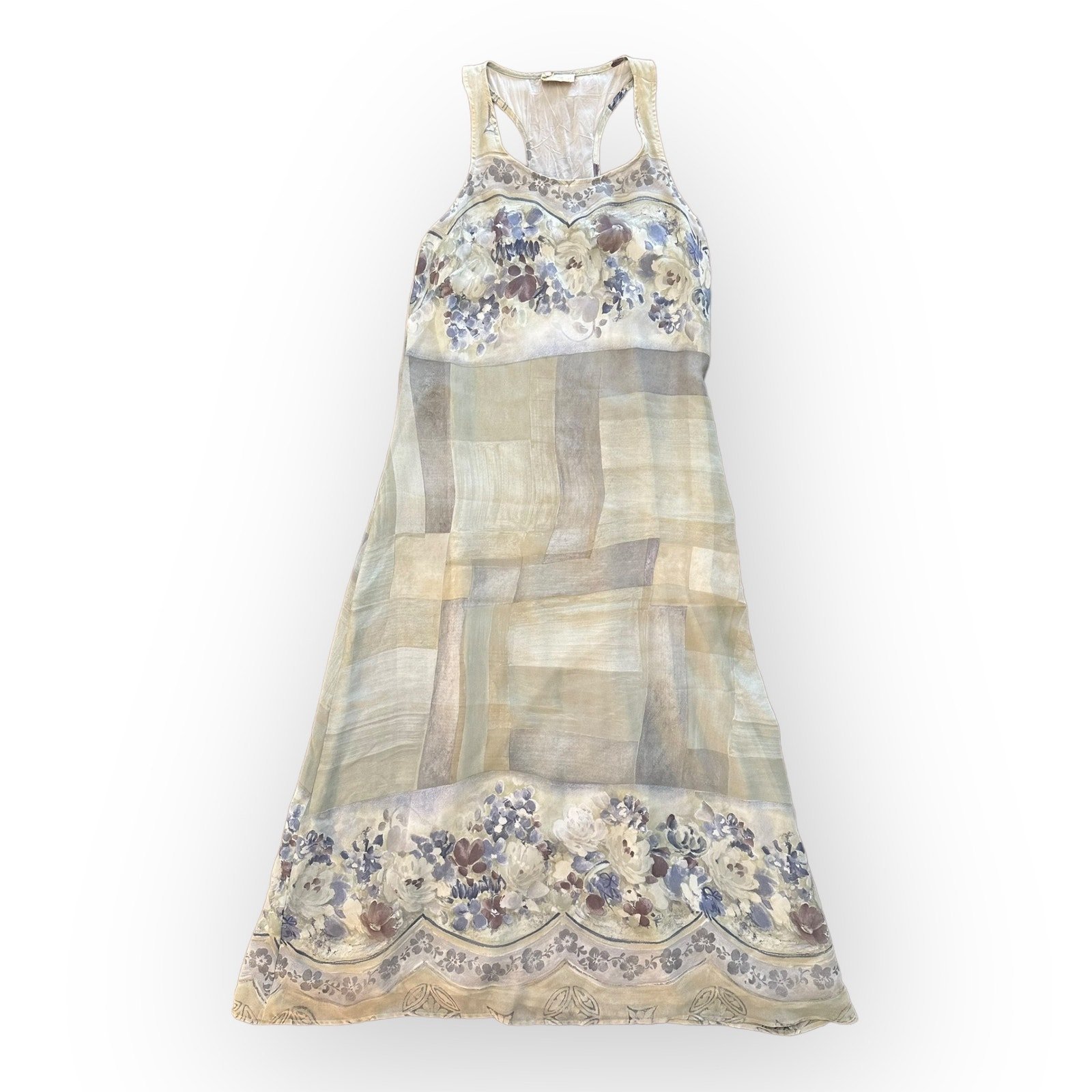 Bonnie Strauss Vintage Chiffon lined Blue Green Floral Maxi Sundress Size 8