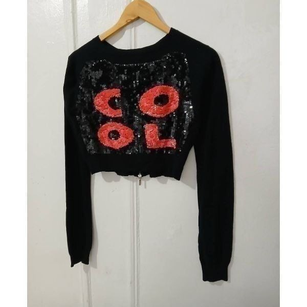 Who's who womens small cashmere wool angora black pink full zip sweater sequin