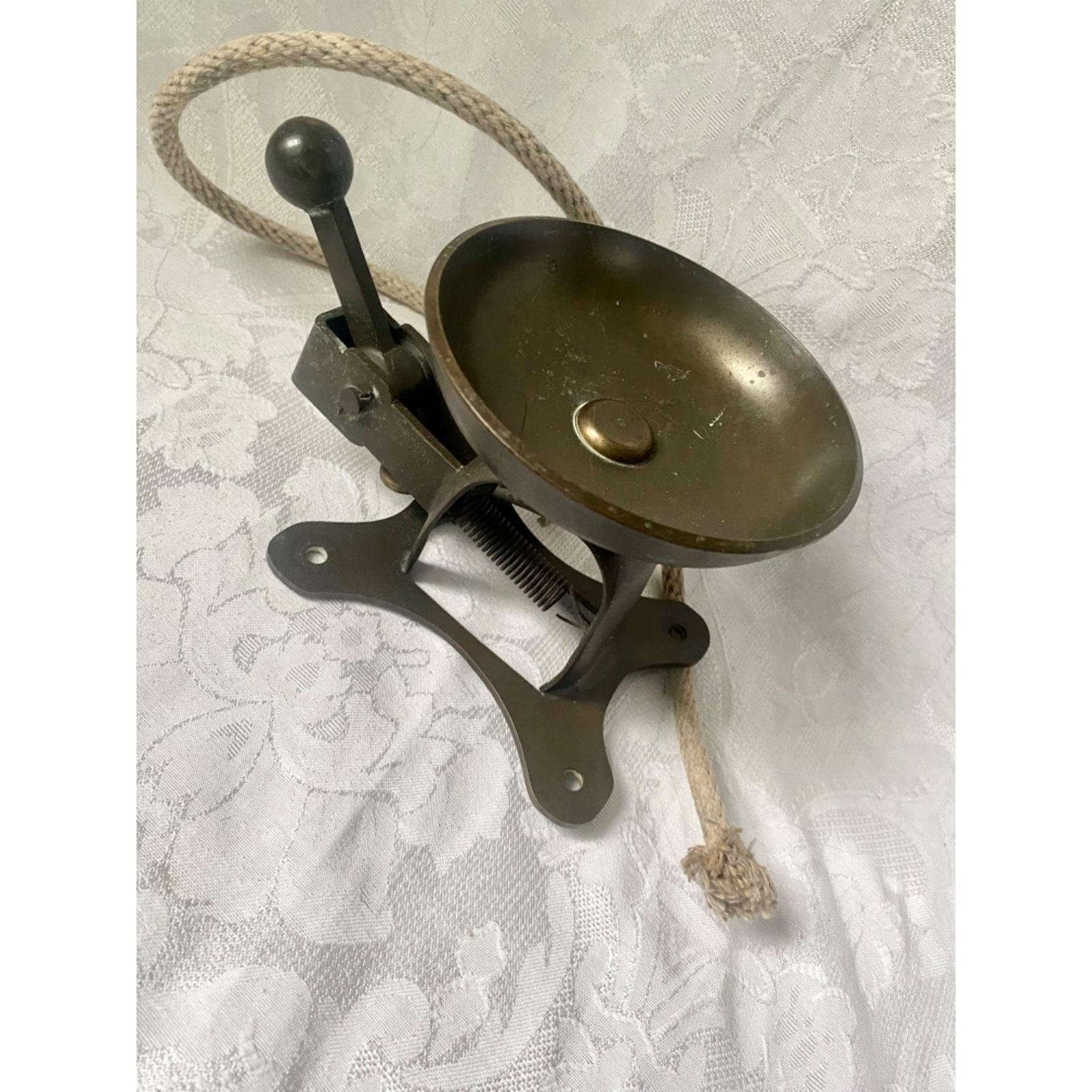 Vintage Metal Wall-Mounted Bell With Rope Pull & Lever