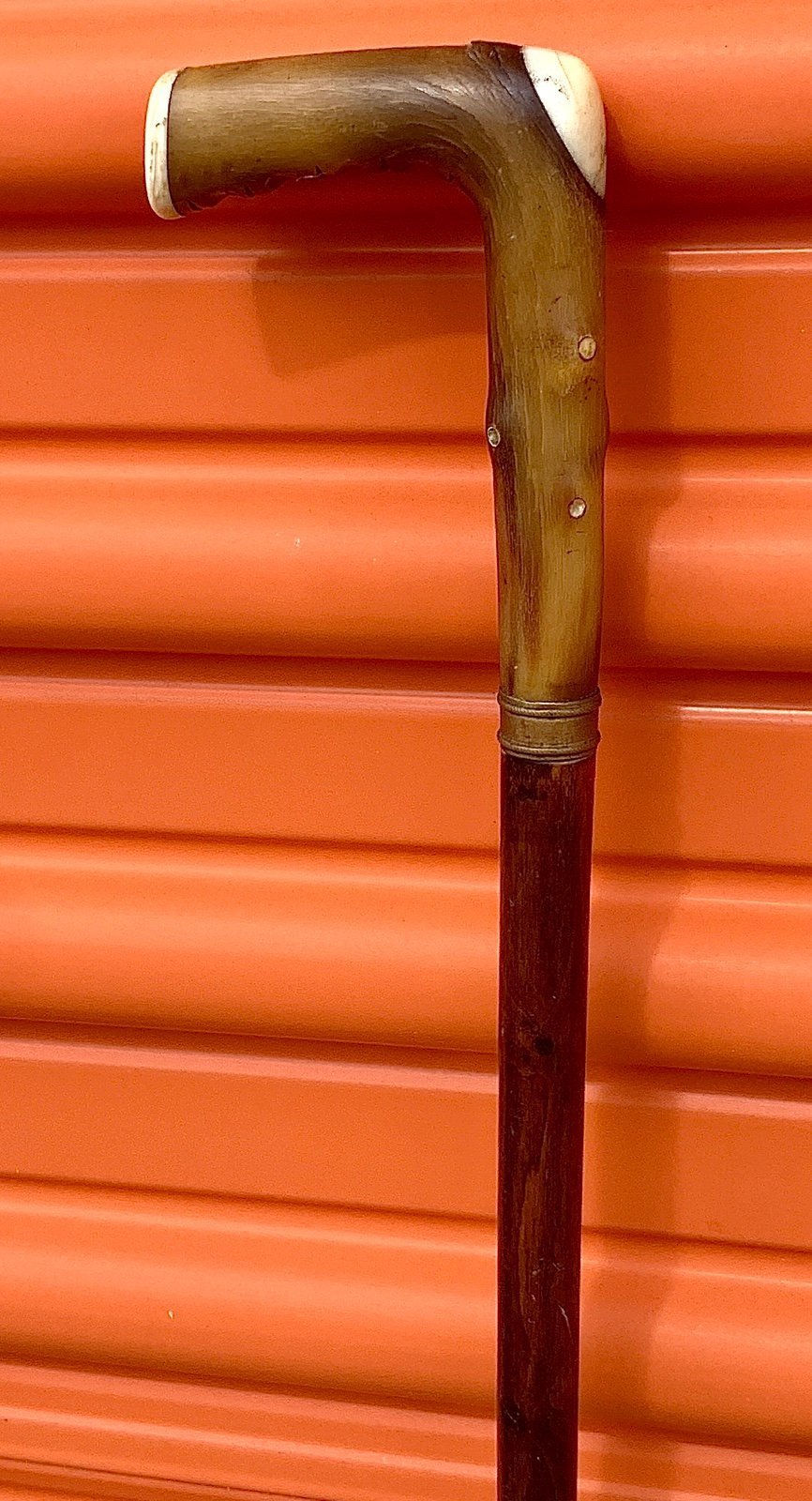 Antique Bronze Tip Wooden Shaft Faux Bone Wood Handled Cane Walking Stick