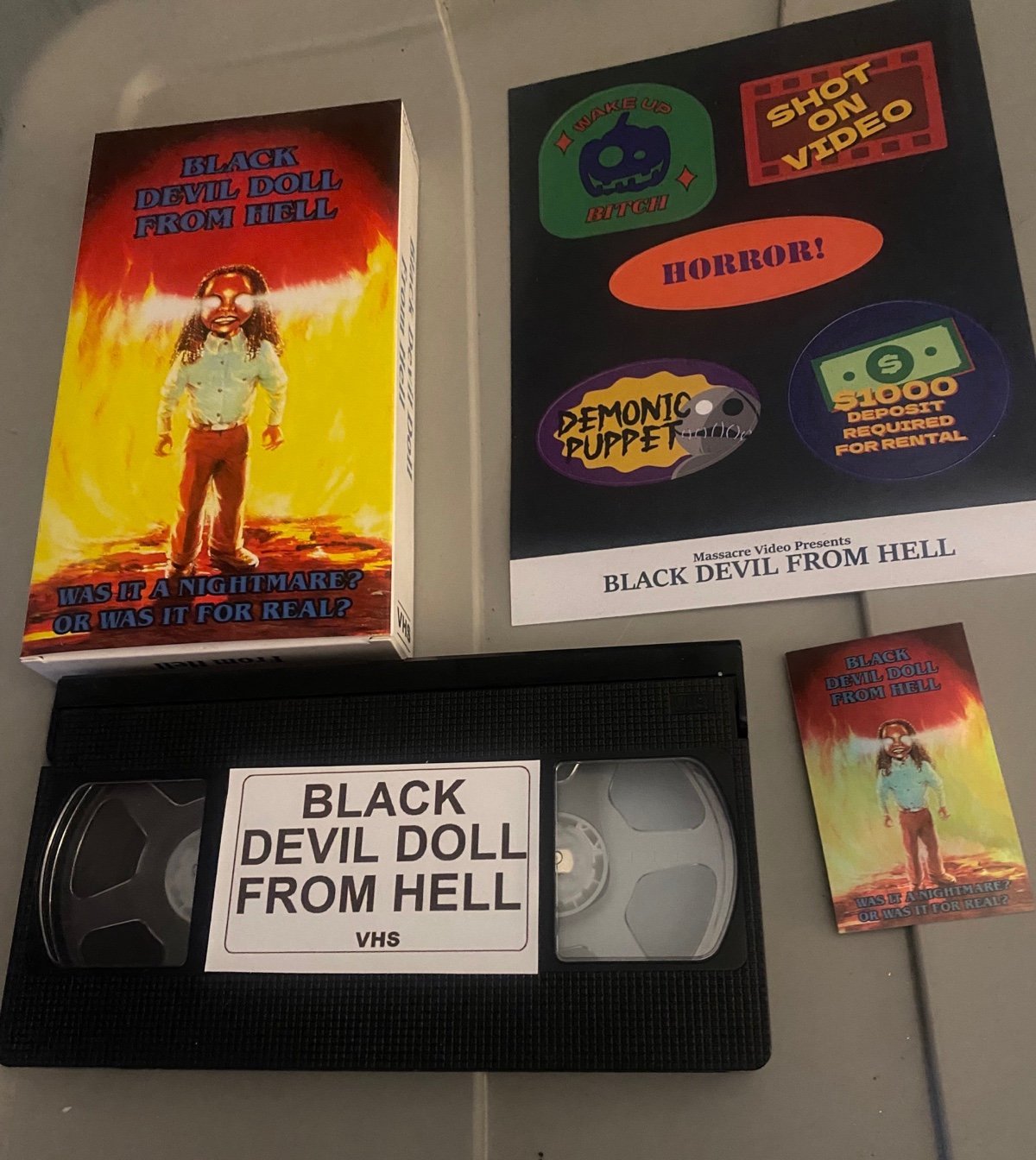 Black devil doll from hell VHS slipcase & conventon cassette tape & stickers