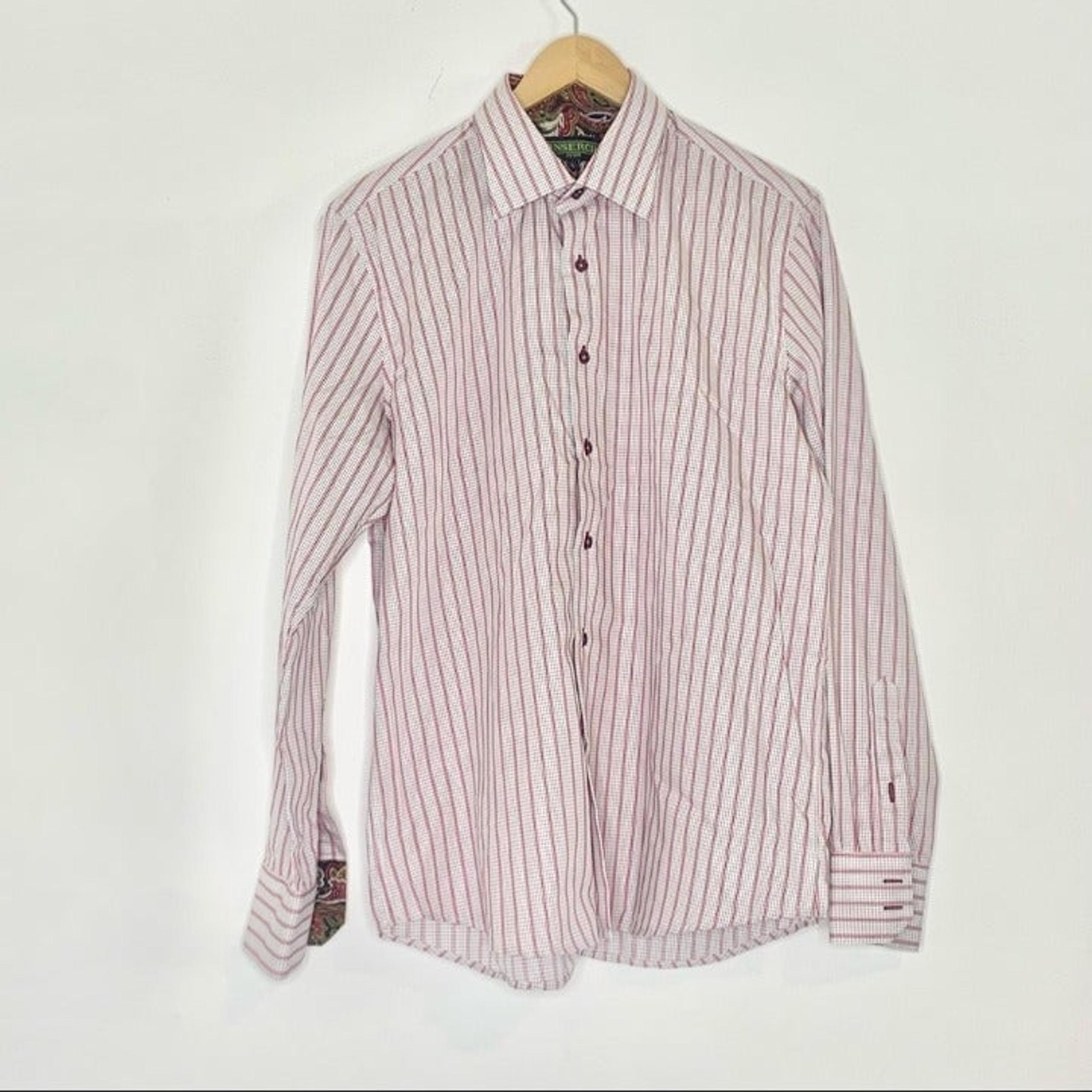 Mens Inserch Icon jacquard cotton pink black striped check dress shirt L
