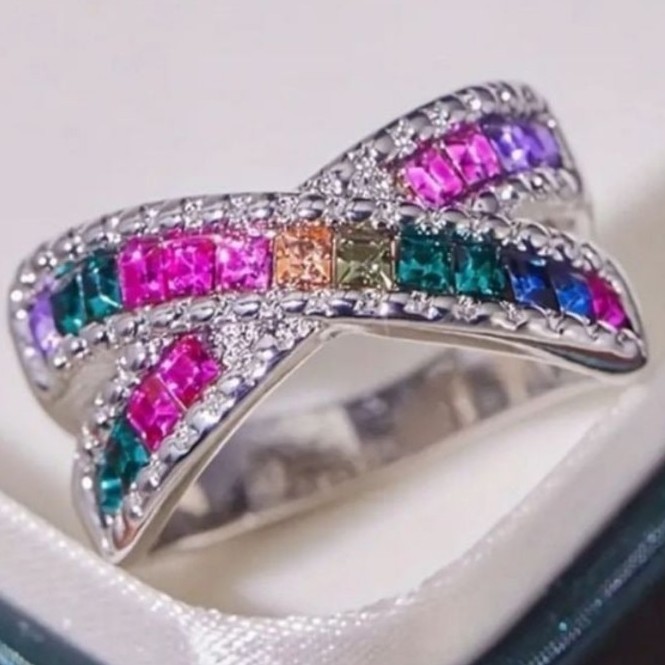 Elegant rainbow gemstones ring sz 8