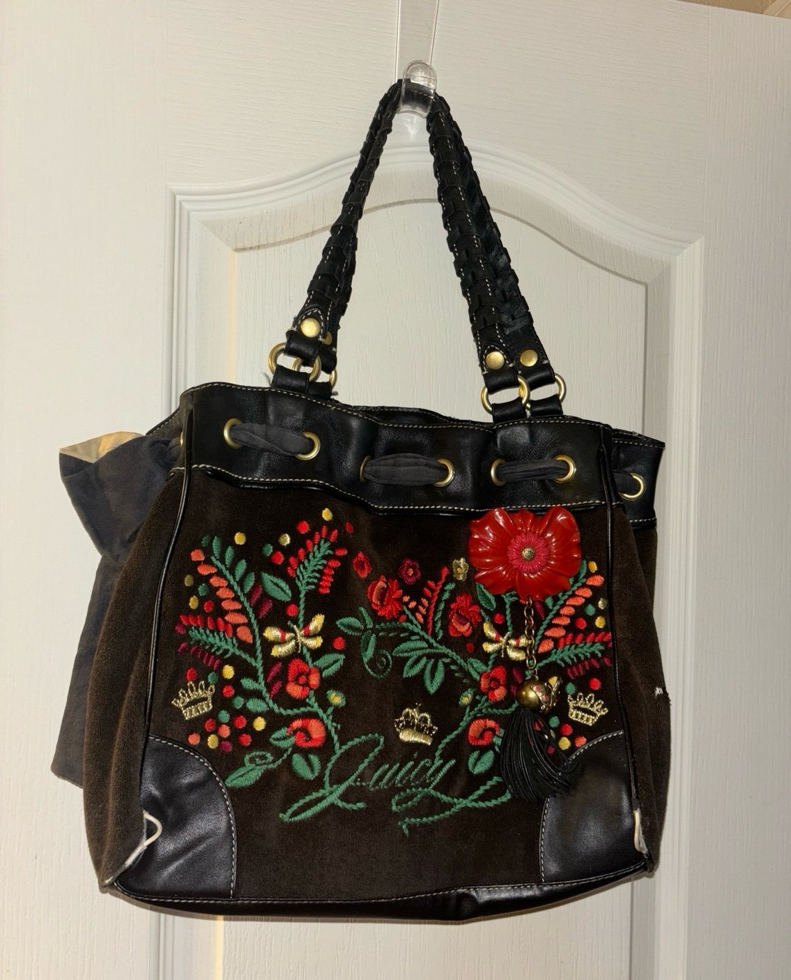Vintage Black/Brown Juicy Couture Tote Bag Purse Handbag Daydreamer Floral Y2K
