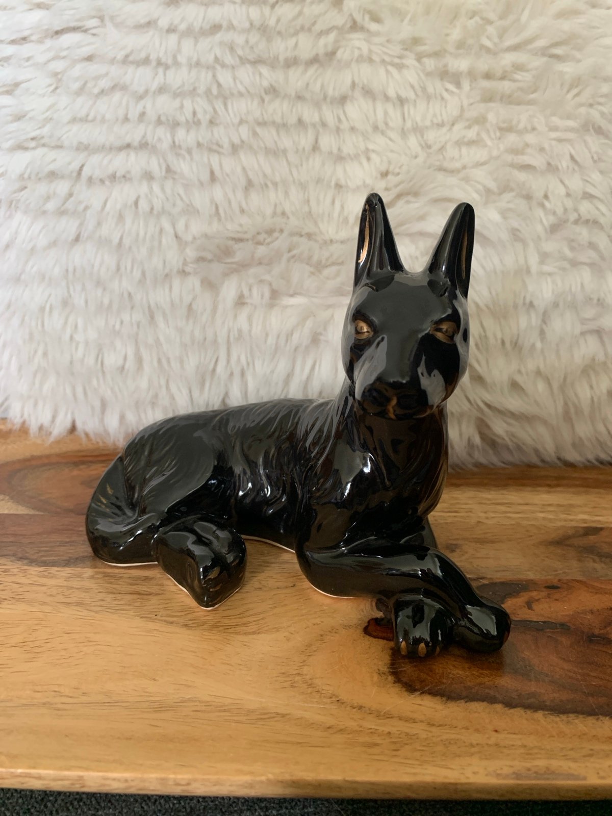 Vintage Black German Shepherd With Gold Accents 6”x 5” Ceramic Figurine