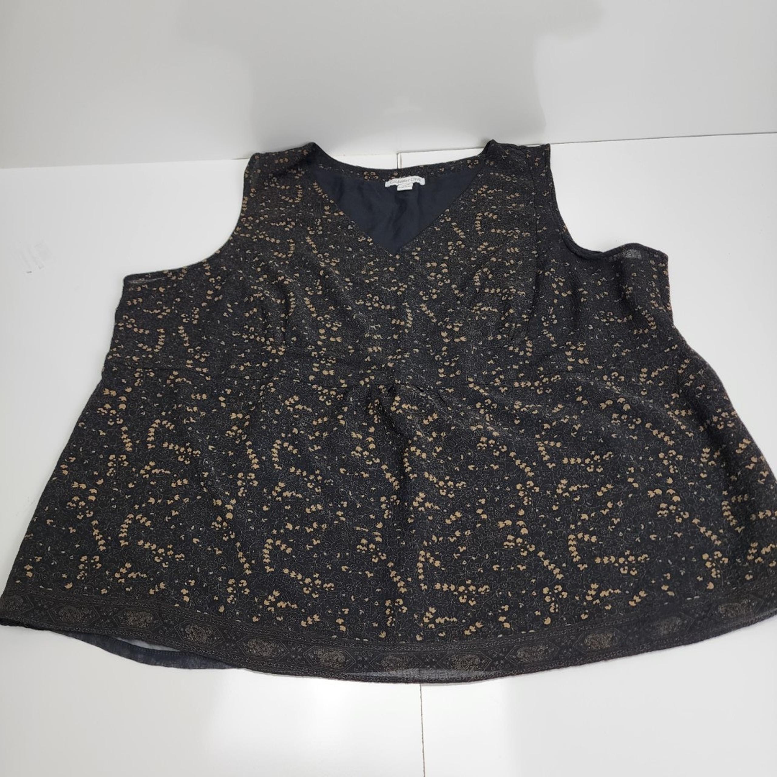 Coldwater Creek Black & Brown Flower V-Neck Tank Top w/ Side Zip Women's Size 3X