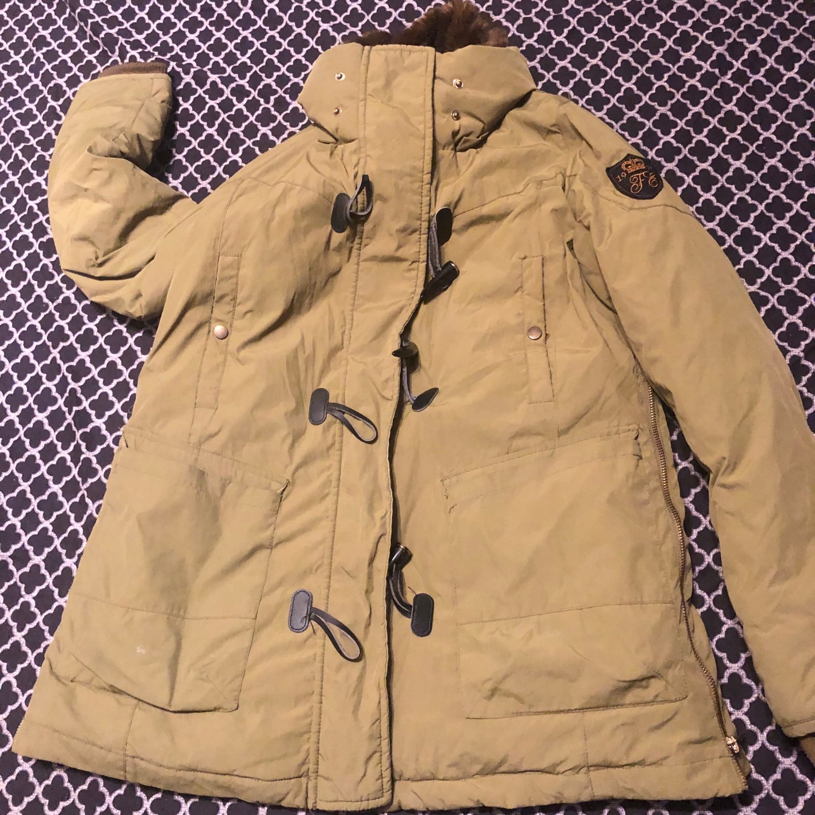 Zara Basic Womens Olive Green Parka Jacket Sz Medium Full Zip Fur Collar Pockets