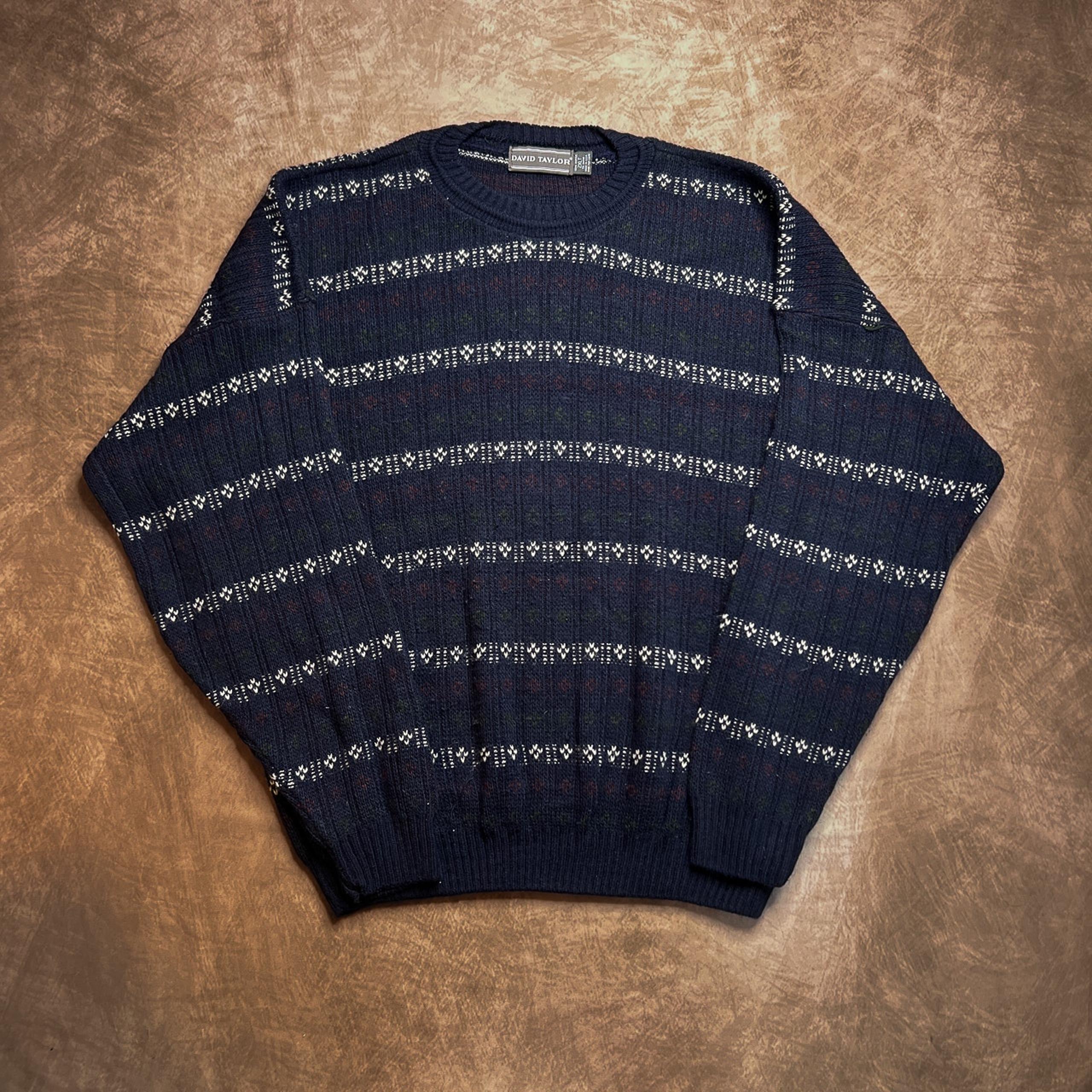David Taylor Vintage Geometric Striped Sweater Knit Navy Long Sleeve Men's 2XLT