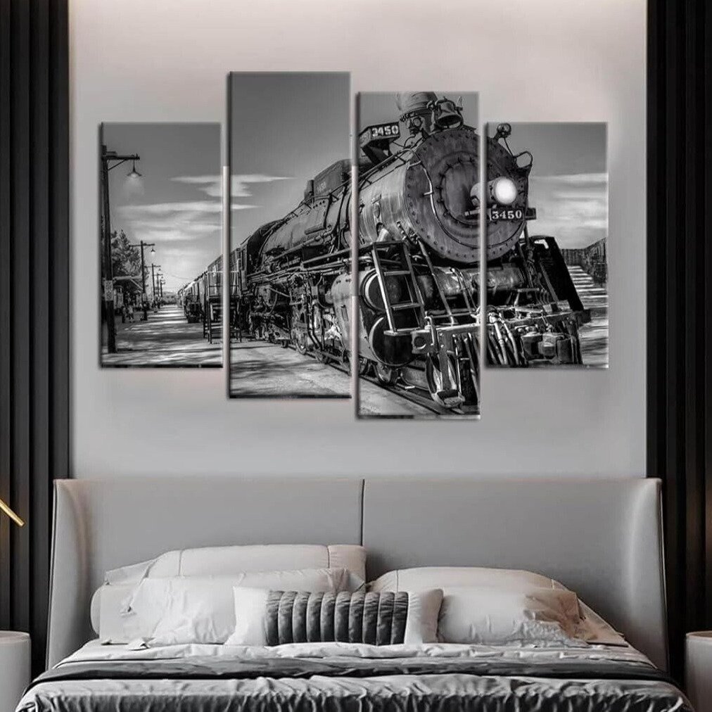 4 Panel Train Canvas Wall Art Vintage Black and White Steam Train Coal Burnin...
