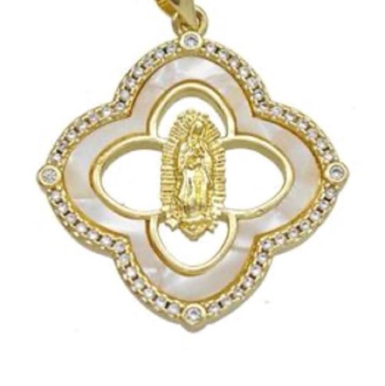 “Our Lady of Guadelupe” Virgin Mary Mother of Pearl Clover Framed 18K Necklace