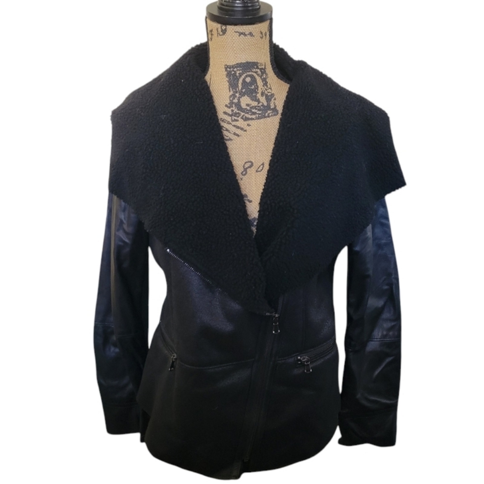 Medium Ecru black genuine suede leather coat with wide sherpa fleece collar