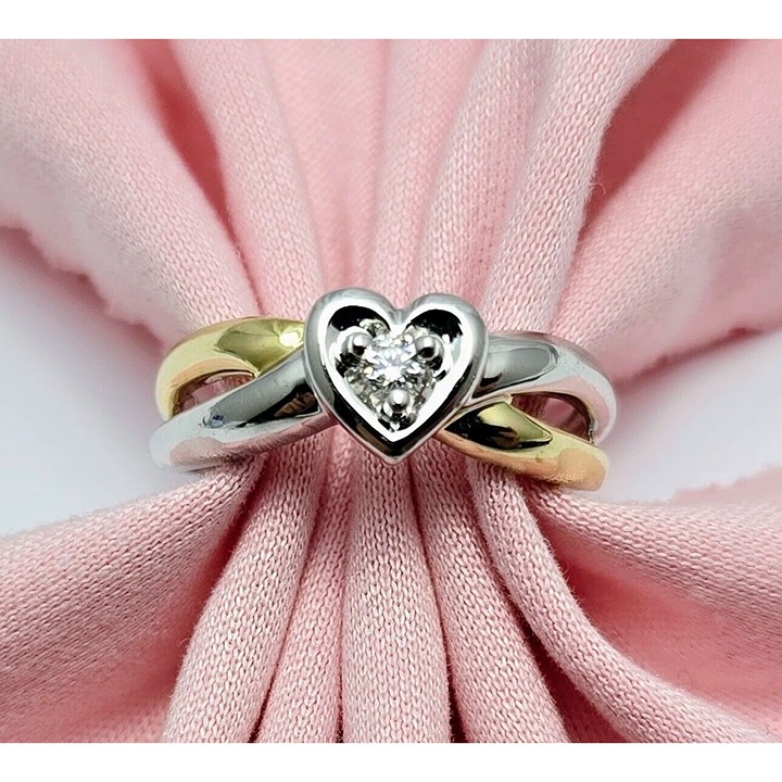 Unique 14K Solid Two Tone Multi Color Gold Designer Diamond Heart Ring Size 6.75
