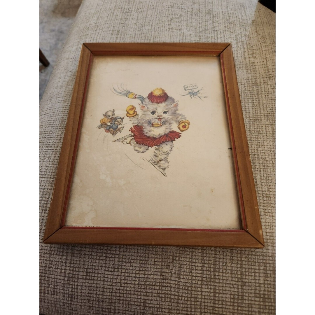 Donald Art Company 1960 Number 3275 Kitty On IceSkates Framed Smoke Free Home
