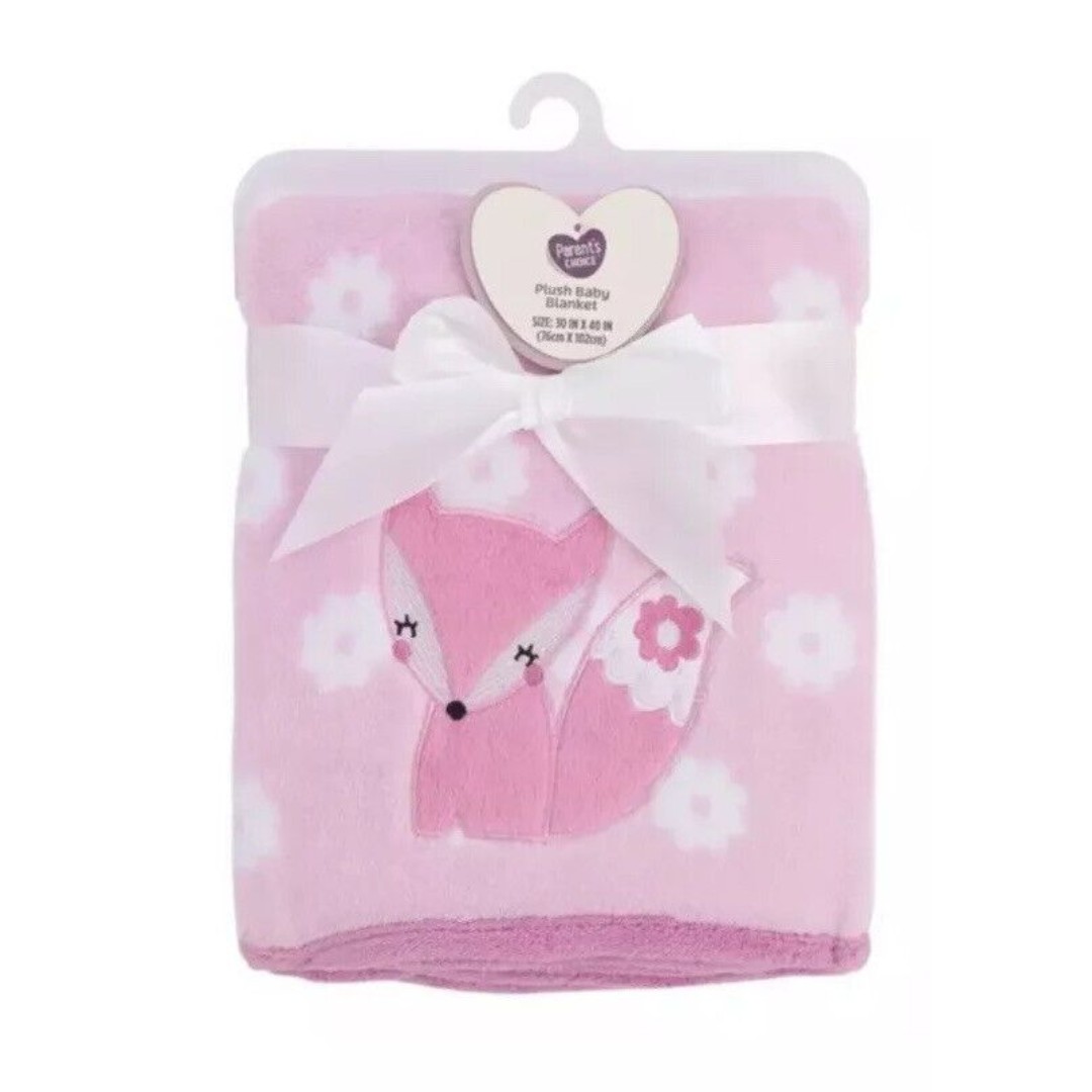 Parents Choice Appliqued Fox Baby Blanket Pink Soft Plush Lightweight Girls New
