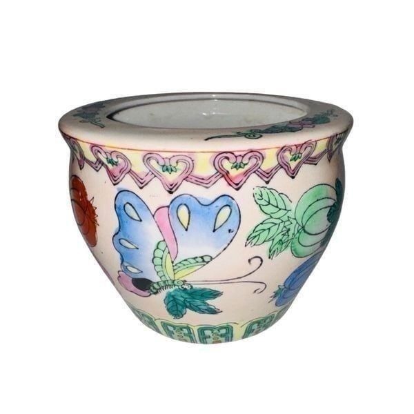 Vintage Small Colorful Asian Fish Bowl Planter Butterflies Flowers Hand Painted