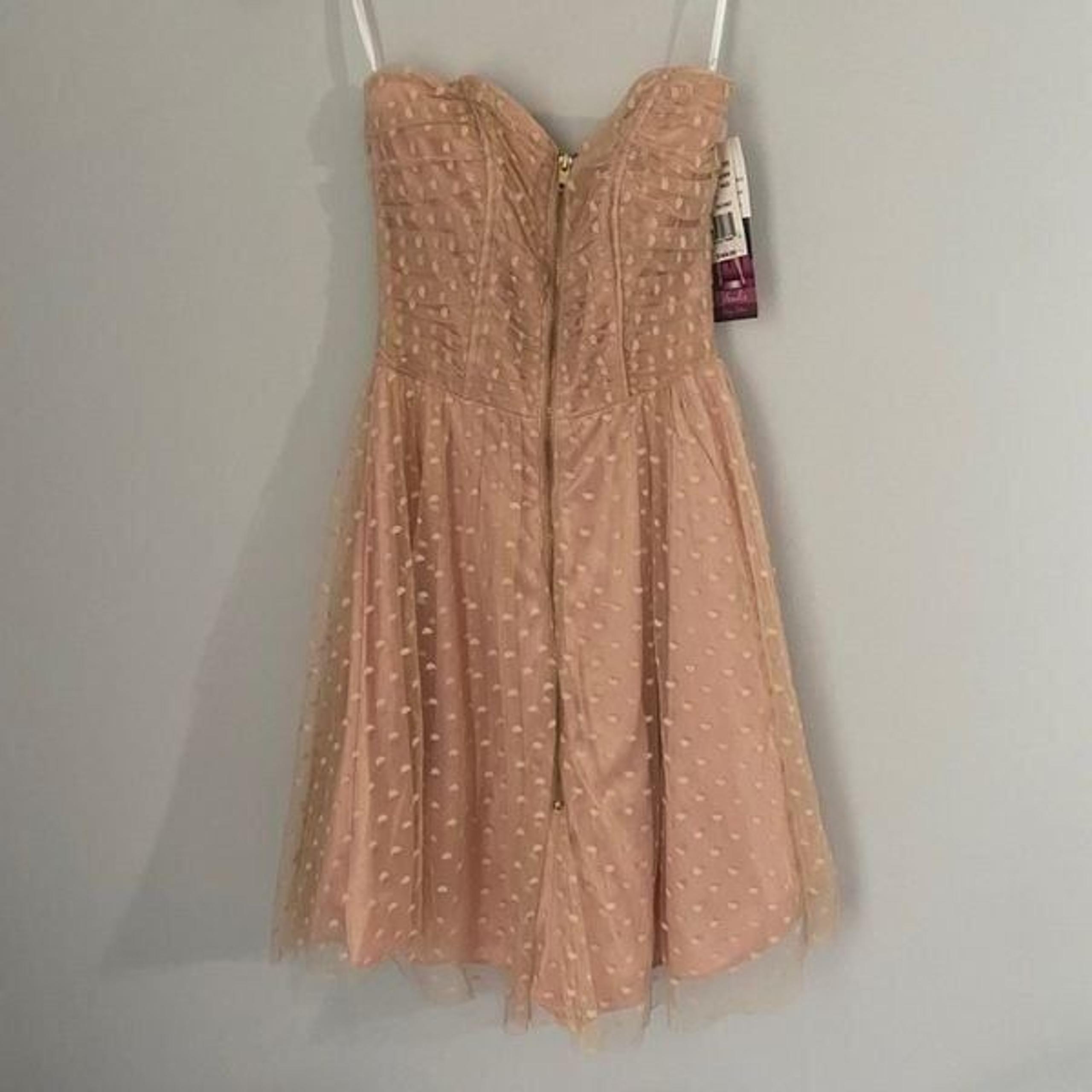 Blondie Nites New Juniors 1 Strapless Swiss-Dot Fit-And-Flare Dress Nude