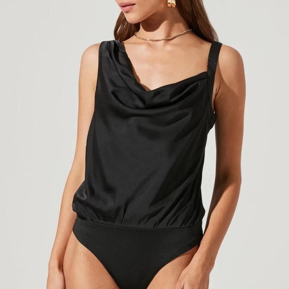 ASTR The Label Elegant Black Cowl Neck Bodysuit Sleeveless Evening Party Top, S