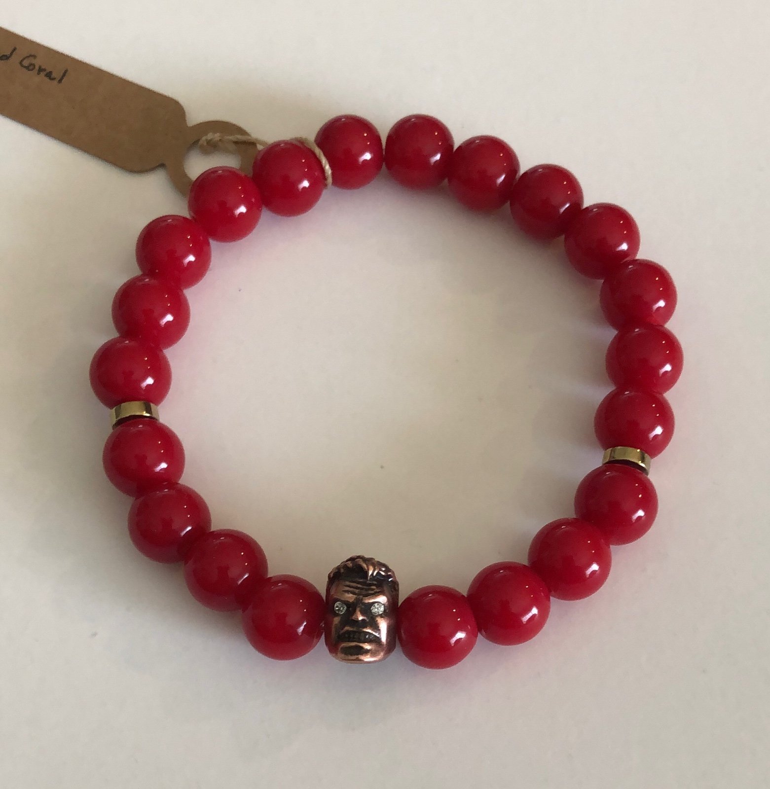 Natural stone Red Coral with bronze Hulk stretch Bracelet