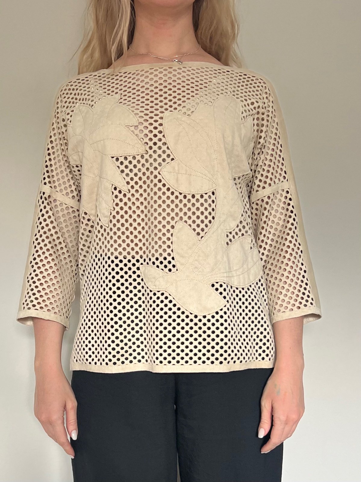 Suede top with floral appliqué