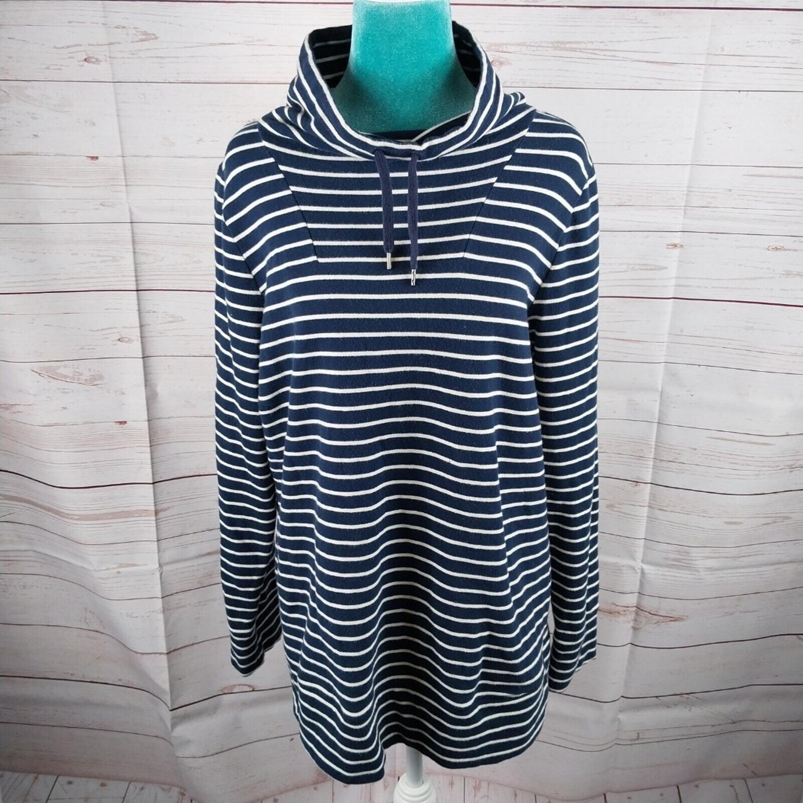LL Bean Womens Cowl Neck Pullover Blue White Striped Sweater Sweat Shirt Sz Med