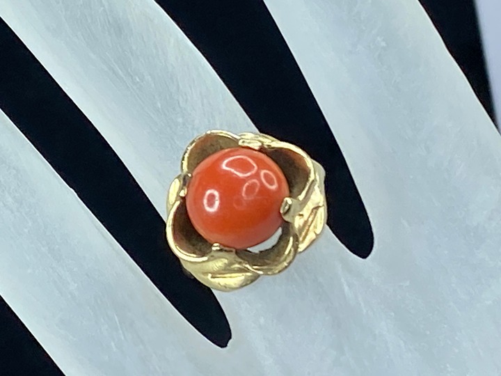 Mid Century 14K gold salmon Coral Foliage open work design ring 6.5f s6 JR8036