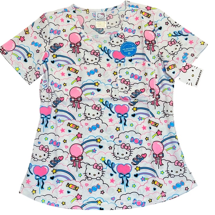 Hello Kitty Tooniforms Womens Scrub Top Size XS Rainbow White Pink Heath Care