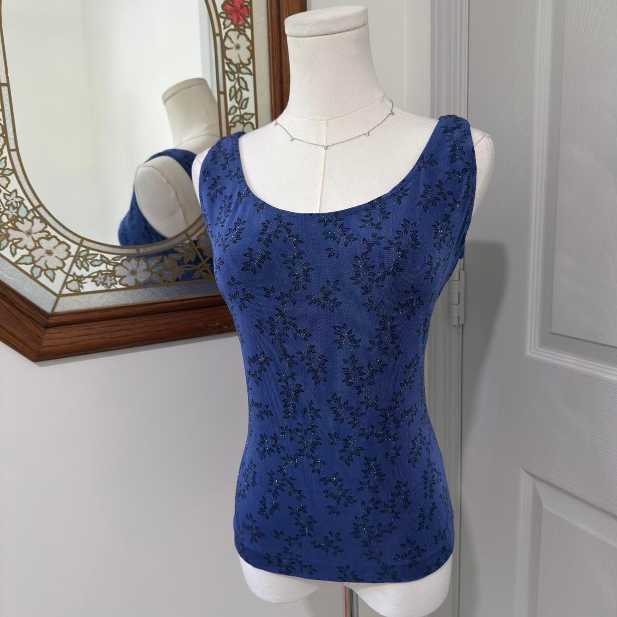 VTG 90s Alex Evenings Blue & Black Floral Pattern Glitter Ribbed Tank Top L/XL