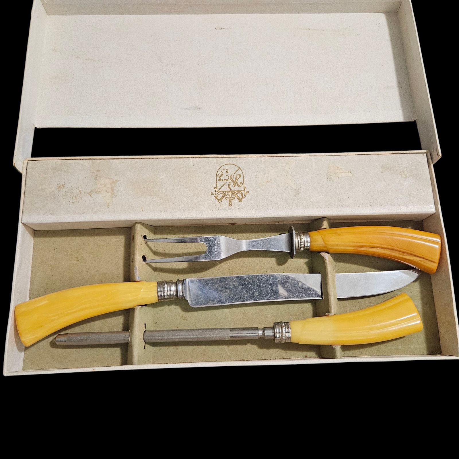 Vintage Butterscotch Yellow Bakelite Washington Forge Stainless 3 Pc Carving Set