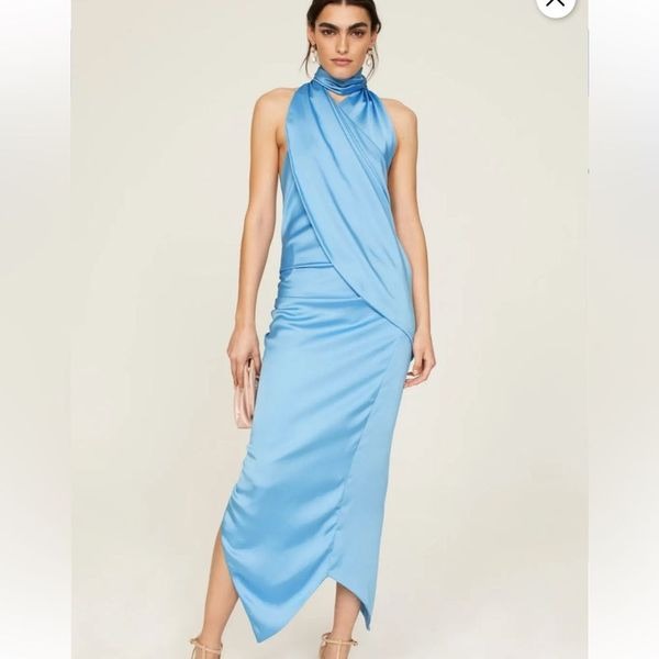 ARIAS New York Blue Satin Asymmetrical Draped Midi Cocktail Dress | Size 4