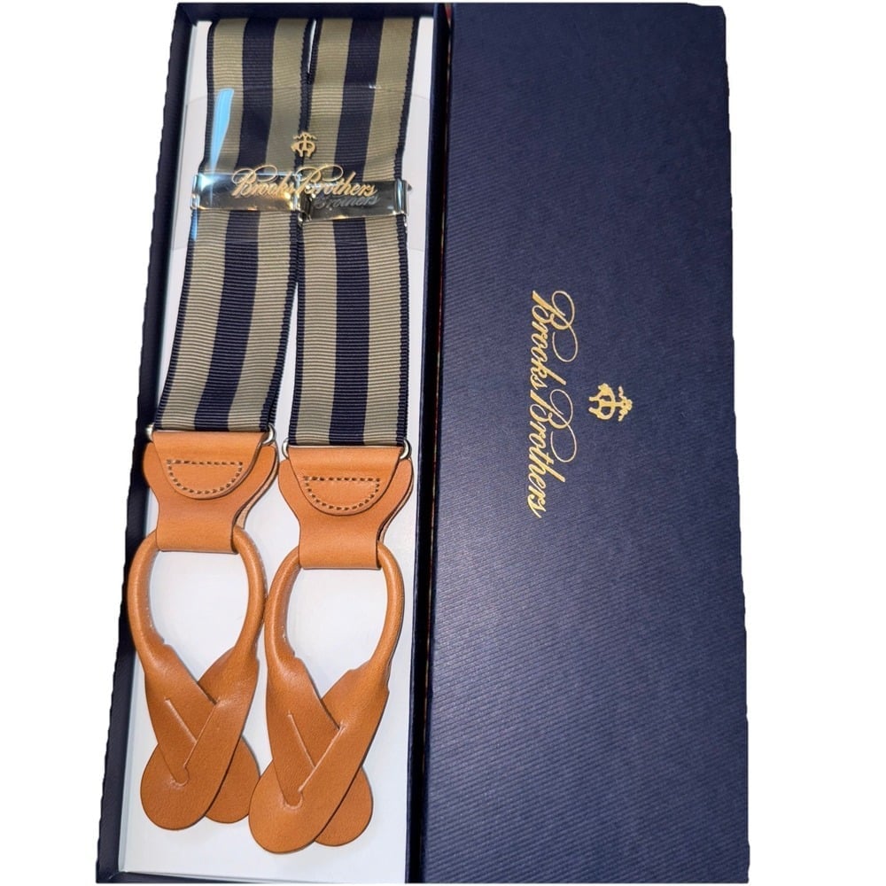 Brooks Brothers Suspenders New In Box One Size Navy Taupe Stripe With Leather