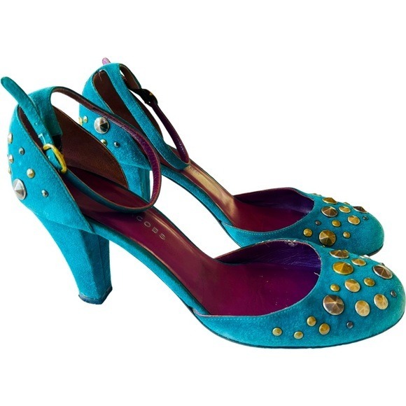 MARC JACOBS Suede Studded Mary Jane Pumps in Turquoise Size 40