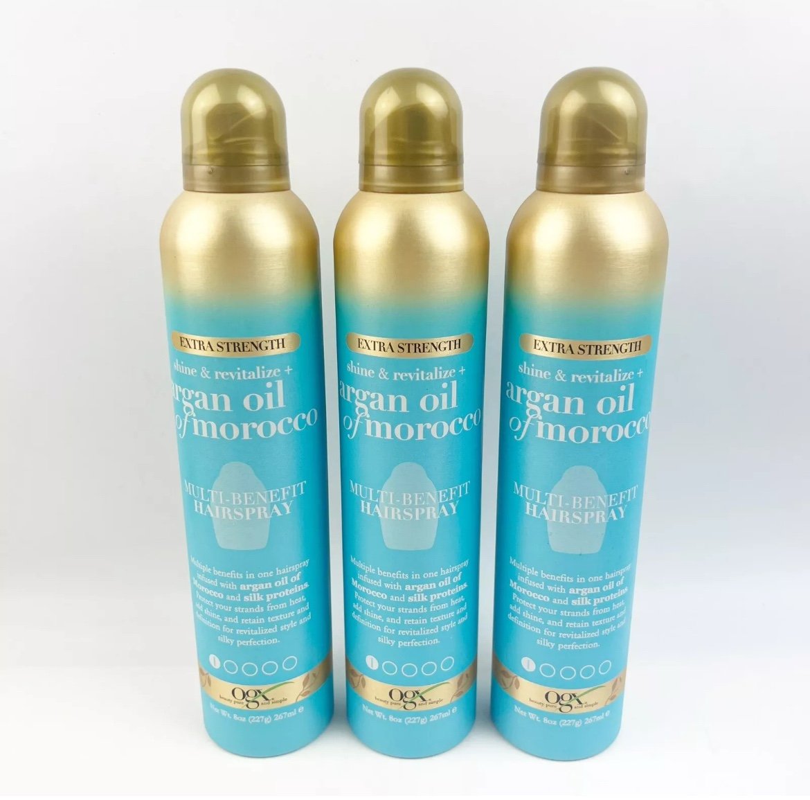 THREE OGX Argan Oil of Morocco Multi Benefit Hairspray Silk Protein 8 oz ea