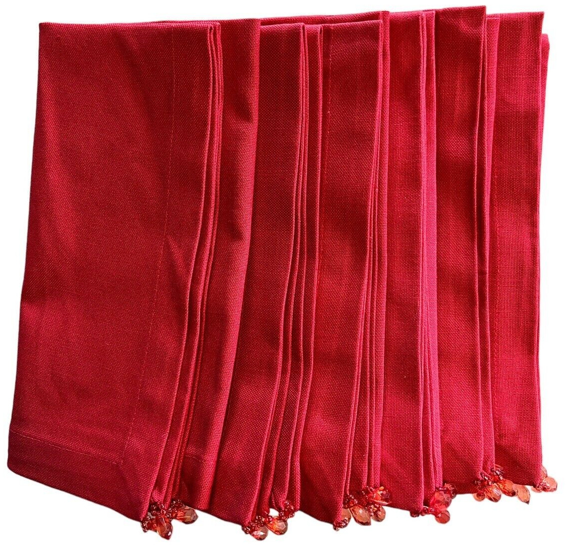 Pottery Barn Oversized Linen Cotton Napkins Beads Christmas 6 Red 20 X 20 NWT